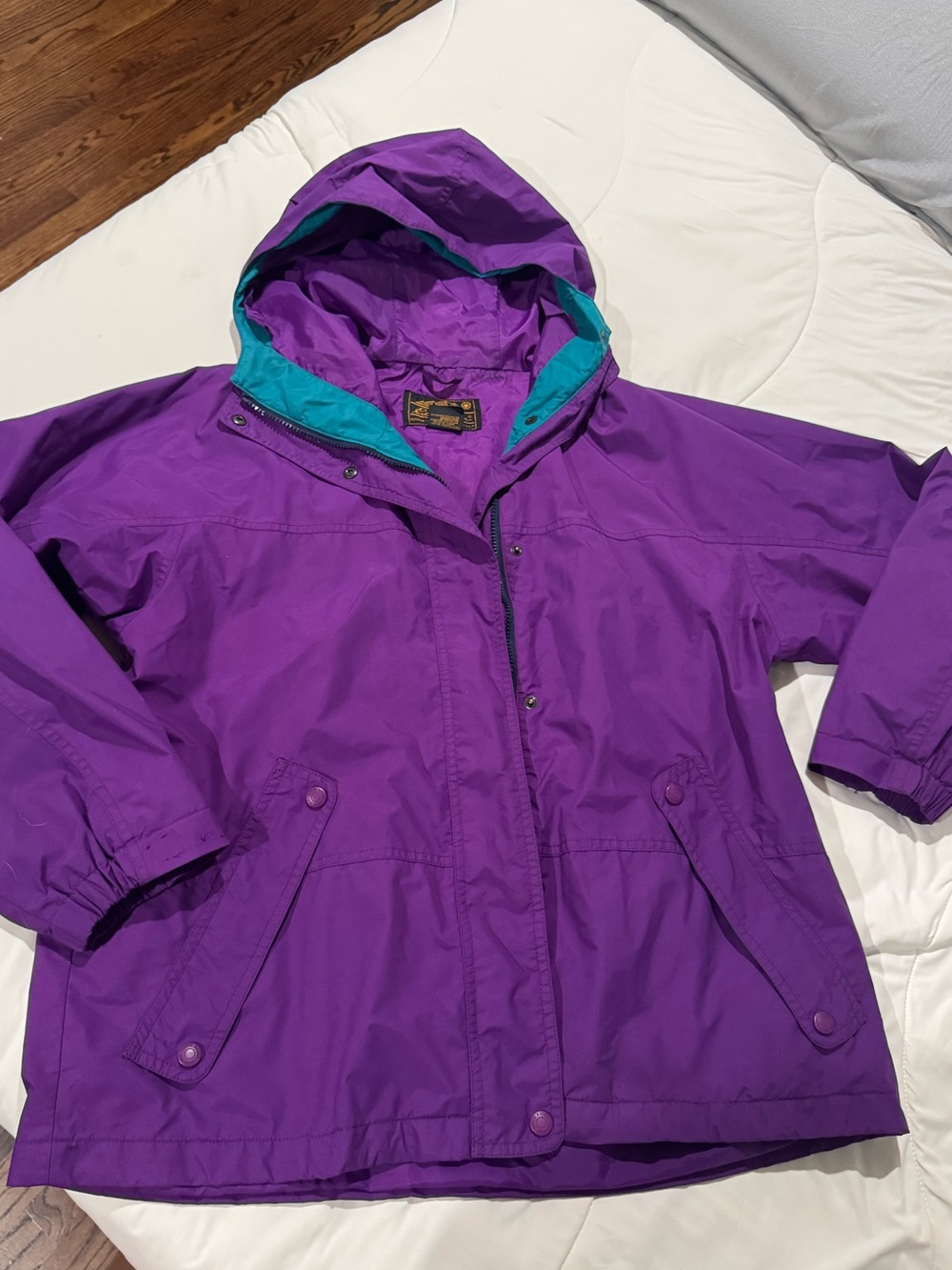 Eddie Bauer Purple Hooded Rain Jacket with Teal Lining